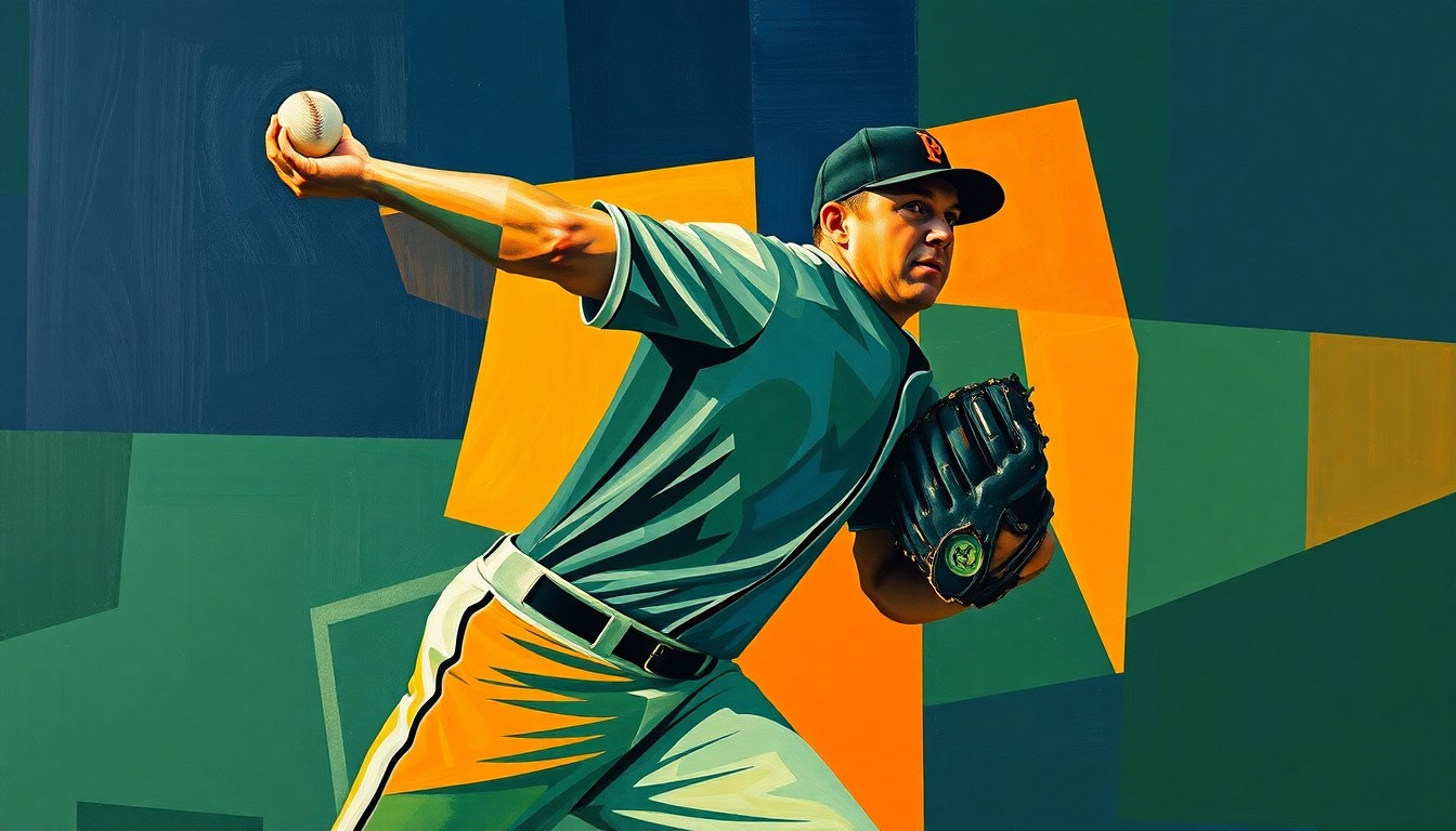 A cubist-style painting depicting a baseball pitcher's throwing motion broken down into overlapping geometric shapes and planes in navy, green, and orange tones.
