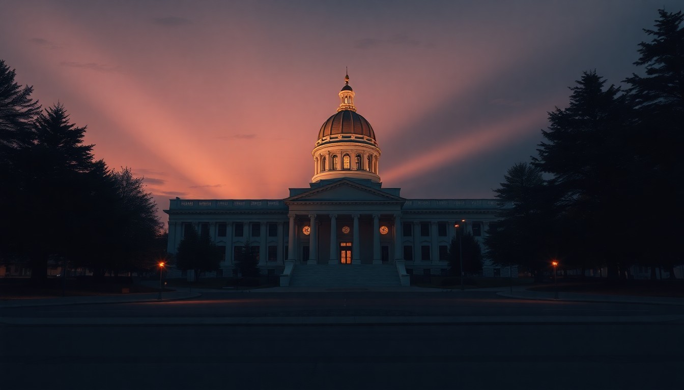 A dimly lit, cinematic painting of an empty Oregon State Capitol building at dusk, with warm, diagonal sunlight and deep shadows, conceptually representing the quiet power and legacy of a respected political figure.