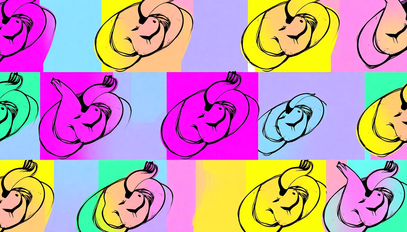 A brightly colored, high-contrast silkscreen print of a single, crusty po'boy sandwich roll repeated in a tight grid pattern, conceptually representing the iconic status of this everyday food item in New Orleans culture.