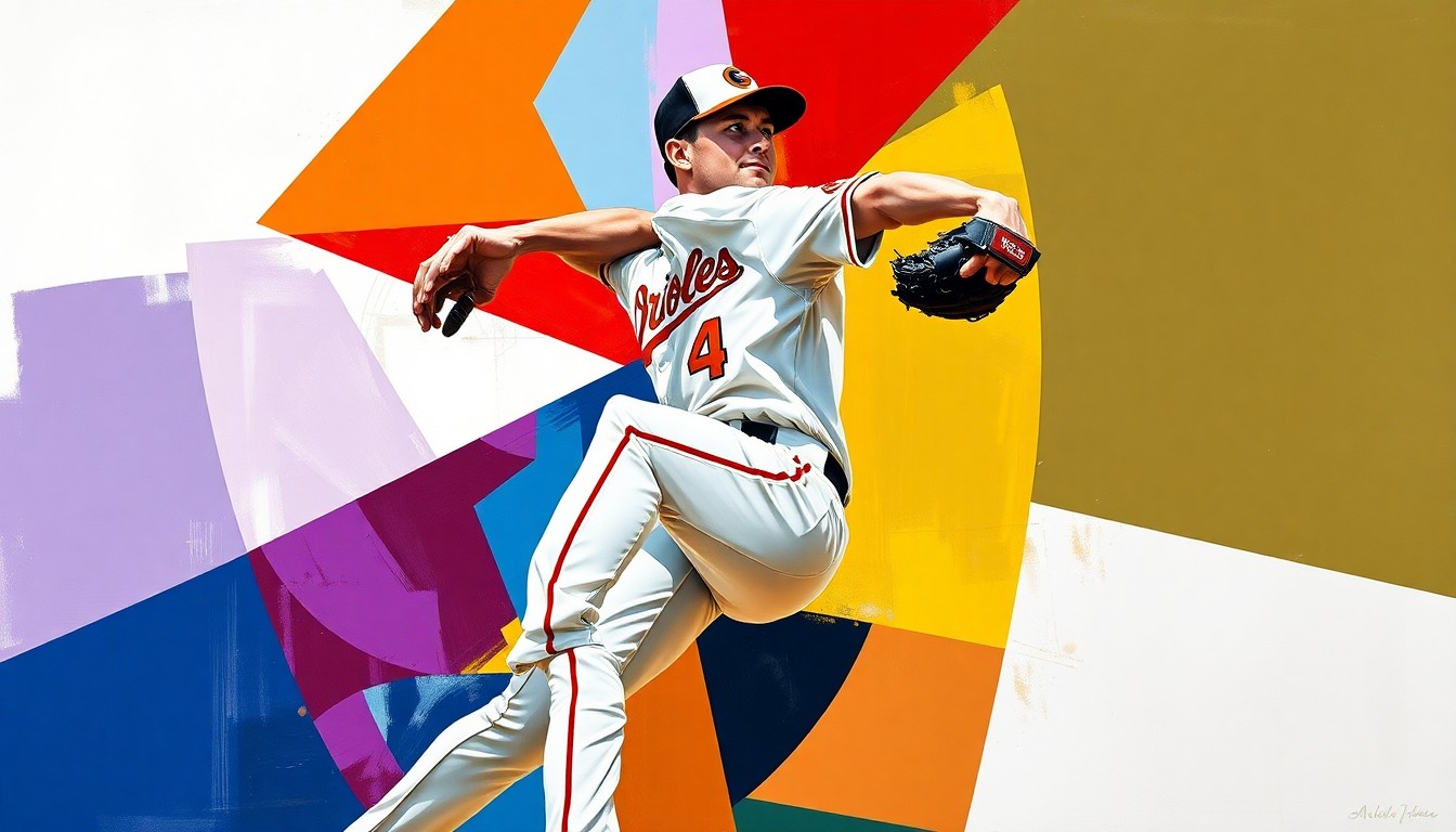 A cubist, geometric painting depicting the motion of a baseball pitcher's windup and delivery, with sharp, overlapping planes of orange, black, and white representing the Orioles' team colors.