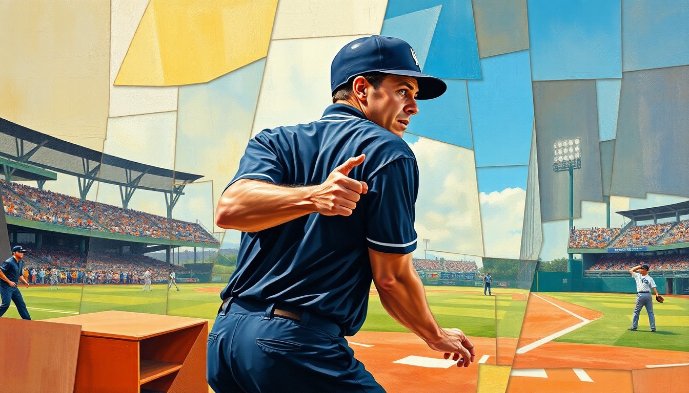 A cubist, geometric painting depicting a baseball umpire making a call at home plate, with the umpire's body and the field of play broken down into sharp, overlapping planes of color and shape, conveying the fractured and inconsistent nature of human umpiring.