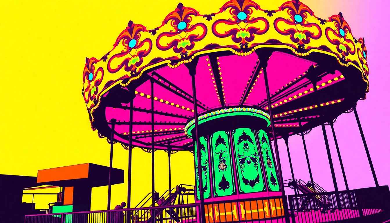 A brightly colored, high-contrast silkscreen print of a classic carnival ride, such as a Ferris wheel or merry-go-round, repeated in a tight grid pattern, capturing the iconic and celebratory spirit of the Verde Valley Fair.