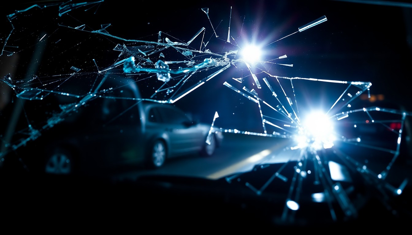 An extreme close-up of a shattered car windshield reflecting the harsh glare of a camera flash, conceptually representing the violent impact of an intersection collision.