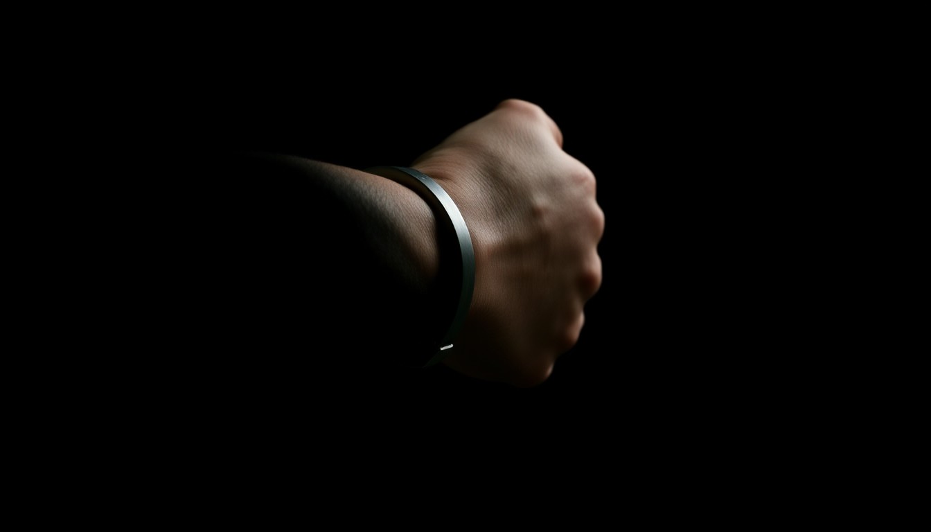 An extreme close-up photograph of a handcuffed wrist against a pitch-black background, lit by a harsh, direct camera flash, conceptually illustrating the investigation of recent arrests in Potter County.