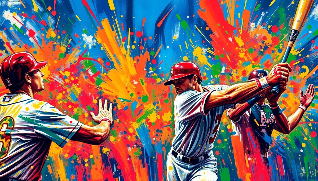 An abstract, expressionist painting in neon colors, with rapid brushstrokes capturing the energy and emotion of a baseball game, players' faces and uniforms dissolving into unrecognizable splatters of color.