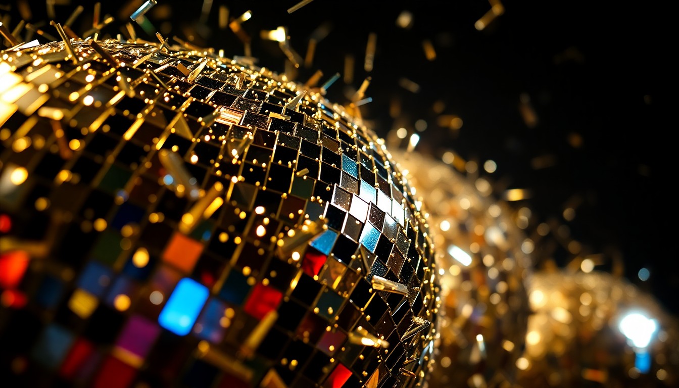 An abstract close-up image of shattered disco ball fragments reflecting dramatic beams of light, conveying the celebratory energy and creative spirit of a jam band concert.