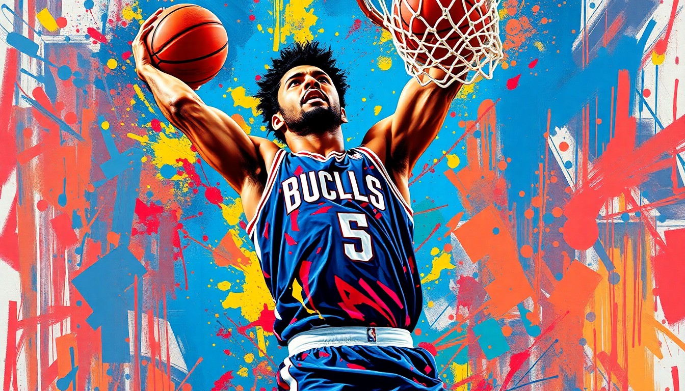 An extreme close-up of Kelly Oubre mid-dunk, with his body and jersey dissolving into a vibrant, expressionist painting of neon colors and rapid brushstrokes that capture the raw athleticism of the moment.