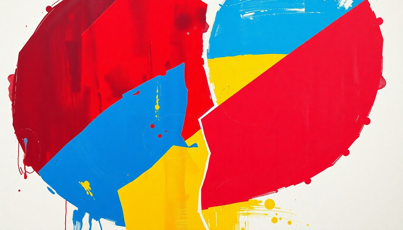 An abstract, fractured painting with overlapping geometric shapes in bold, contrasting colors like deep red, electric blue, and bright yellow, conceptually representing the complex and divisive issue of abortion rights.