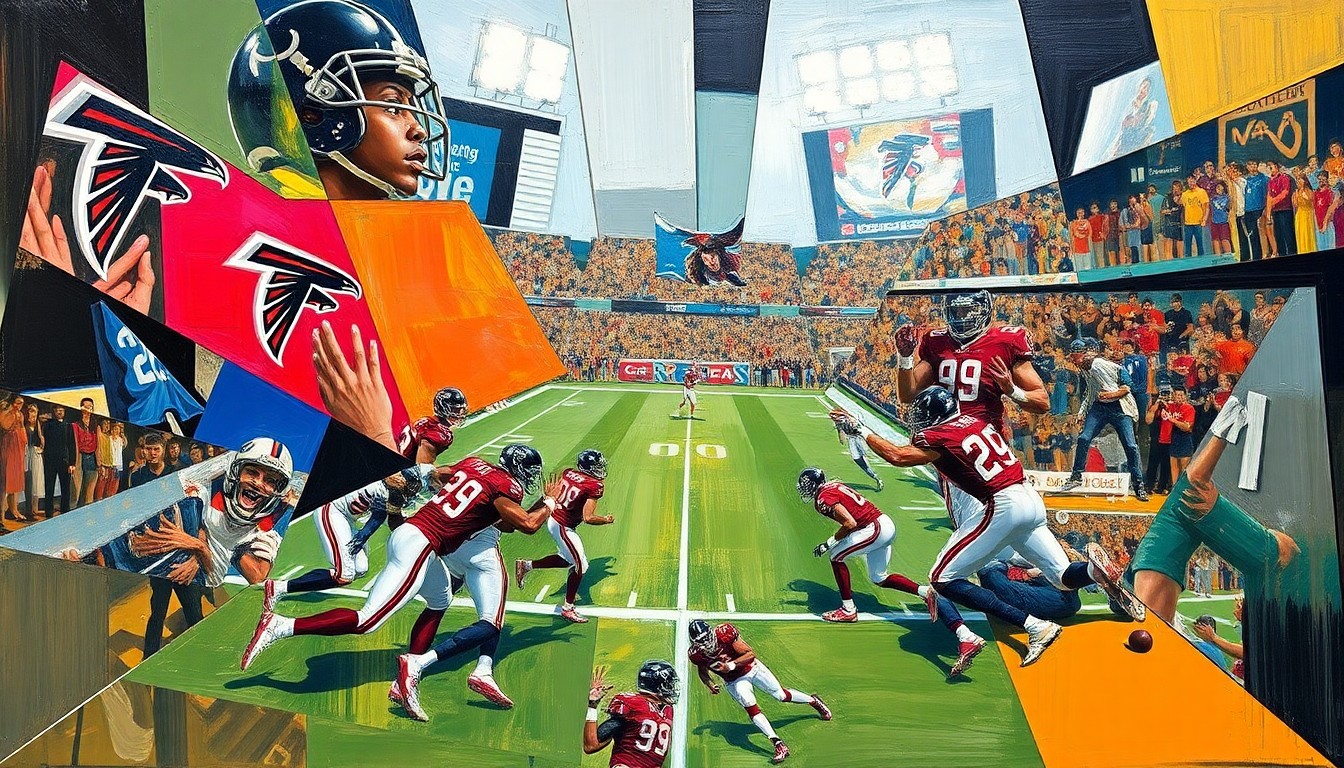 A fragmented, geometric painting depicting a football game, with players and the field broken down into sharp, overlapping shapes and planes of color, capturing the dynamic energy and uncertainty of the Falcons' quarterback battle.