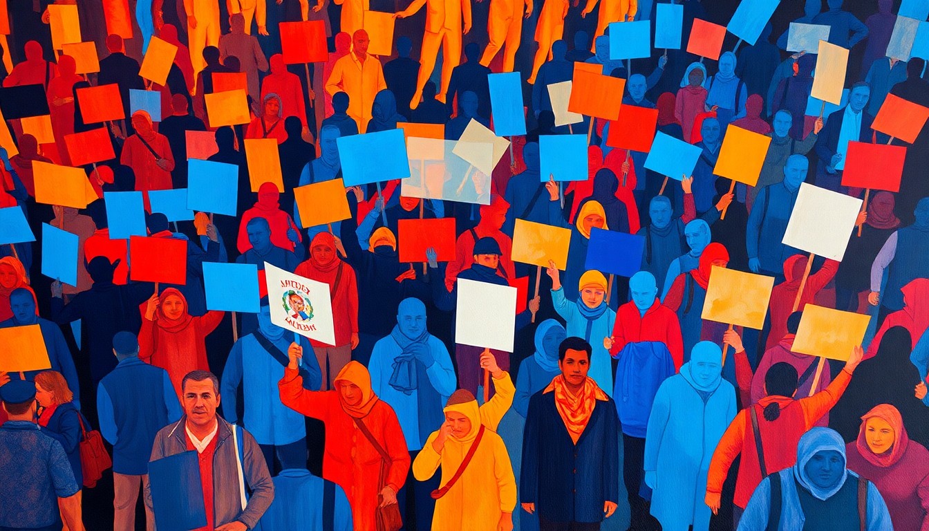 A dynamic, abstract painting of a crowd of protesters marching with signs, the figures repeated in overlapping, geometric waves of vibrant colors, conceptually representing the energy and urgency of the 'No Kings' demonstrations.