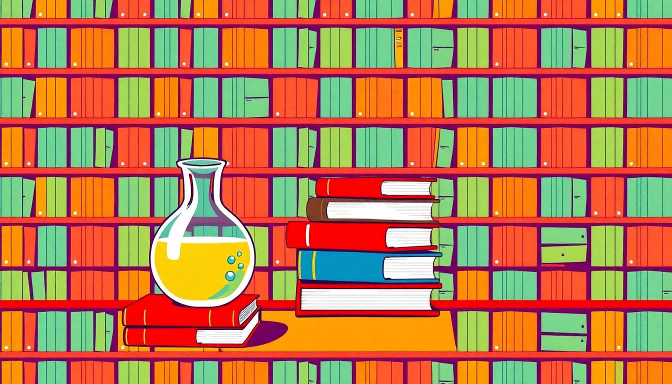 A bold, vibrant silkscreen print featuring a repeating grid of textbooks and a science beaker, capturing the energy and creativity of Mrs. Eberhardt's classroom.