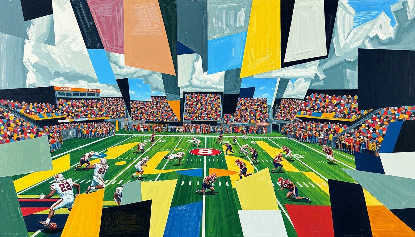 A fragmented, geometric painting depicting overlapping planes of a college football field, players, and coaches, conveying the conceptual idea of a program undergoing a cultural shift and transformation.