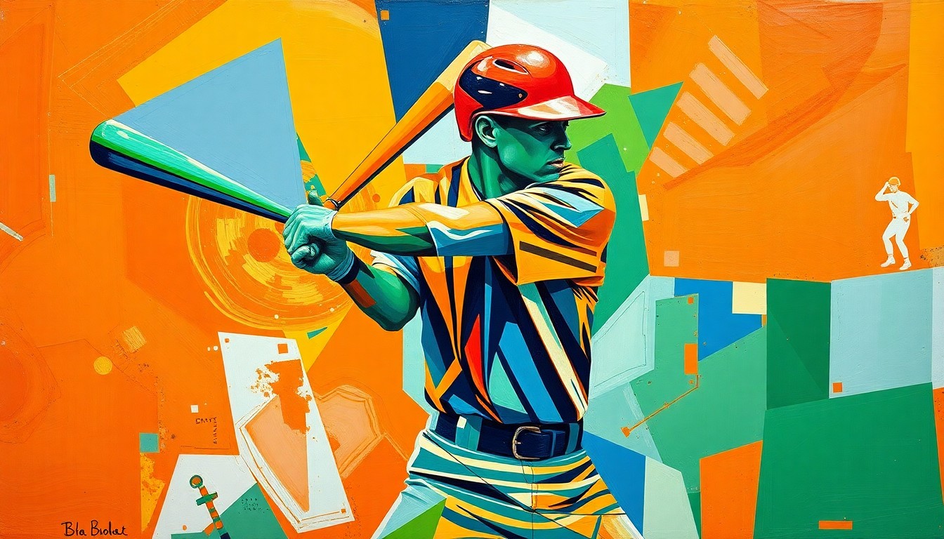 A fragmented, geometric painting depicting the motion of a baseball player swinging a bat, rendered in a vibrant color palette of orange, blue, and green, conceptually representing the Orioles' need for Alonso's power to revitalize their lineup.