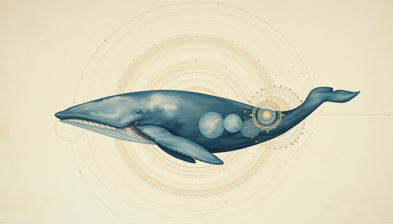 A highly textured, abstract painting in soft earth tones featuring sweeping geometric arcs, concentric circles, and precise organic spirals, conceptually representing the complex social and biological forces at play during a sperm whale birth.