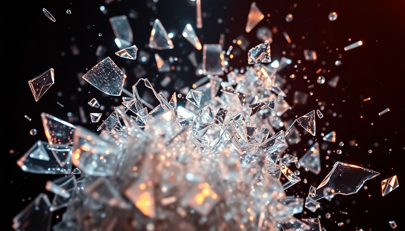An abstract close-up image of shattered glass and glittering shards, captured in dramatic, high-contrast studio lighting to create a sense of glamour and controversy.