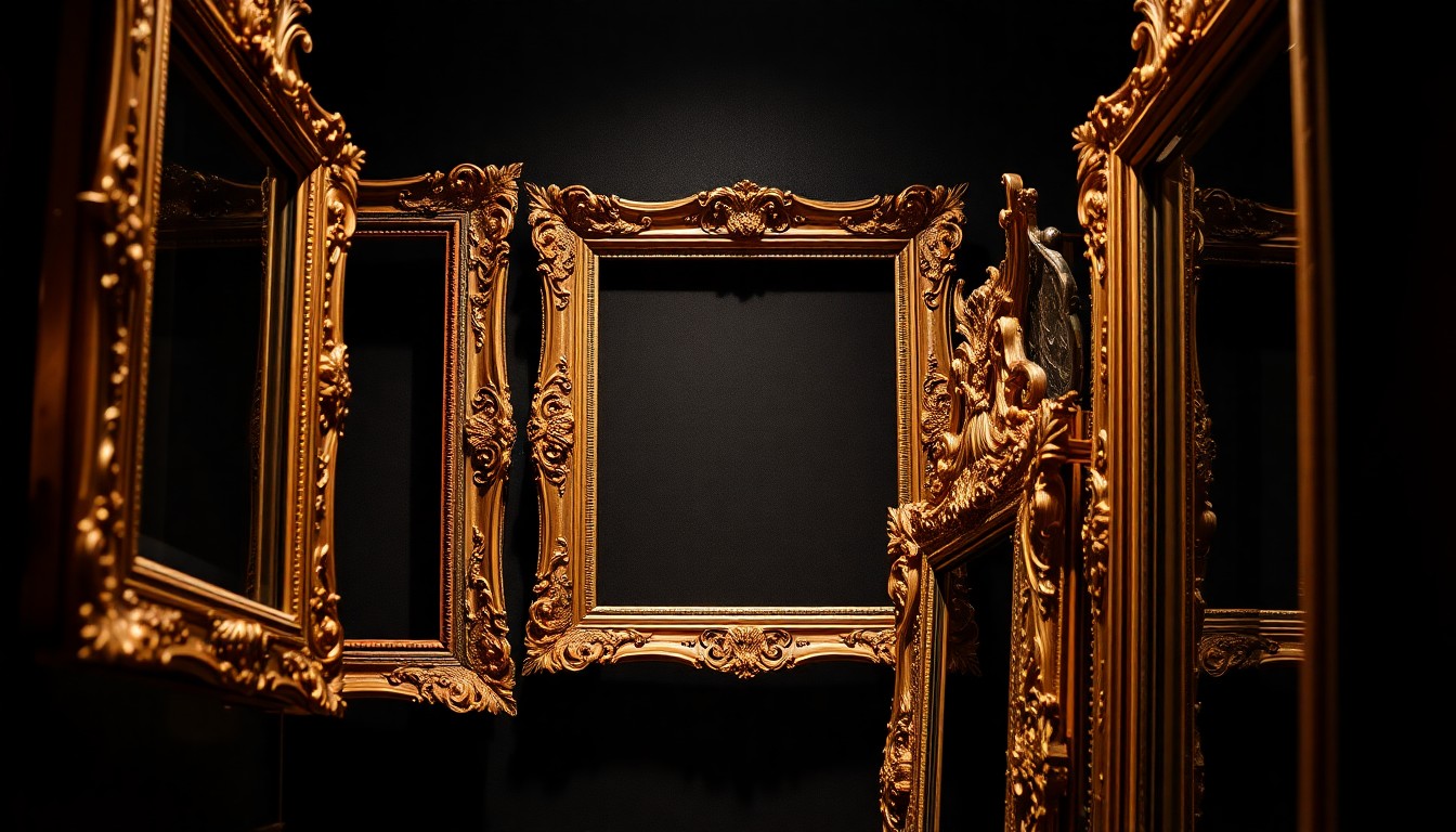 An extreme close-up photograph of ornate, gilded Victorian-era picture frames in high-contrast studio lighting, capturing the luxurious and nostalgic decor that defined Walt Disney's private living space at Disneyland.
