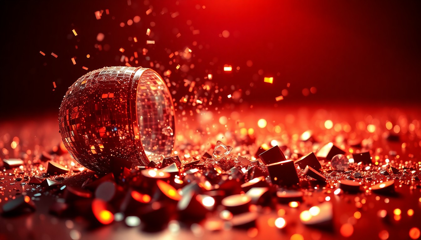 An extreme close-up of shimmering sequins and shattered glass reflecting dramatic studio lighting, conceptually representing the glamour and energy of a celebrity-filled music event.