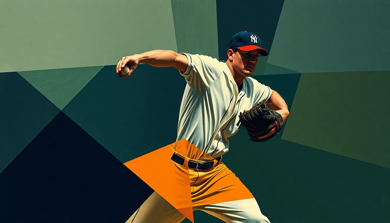 A fractured, geometric painting depicting a baseball pitcher's motion, with sharp planes of navy, green, and orange, conveying the dynamic shifts in the NL East division.