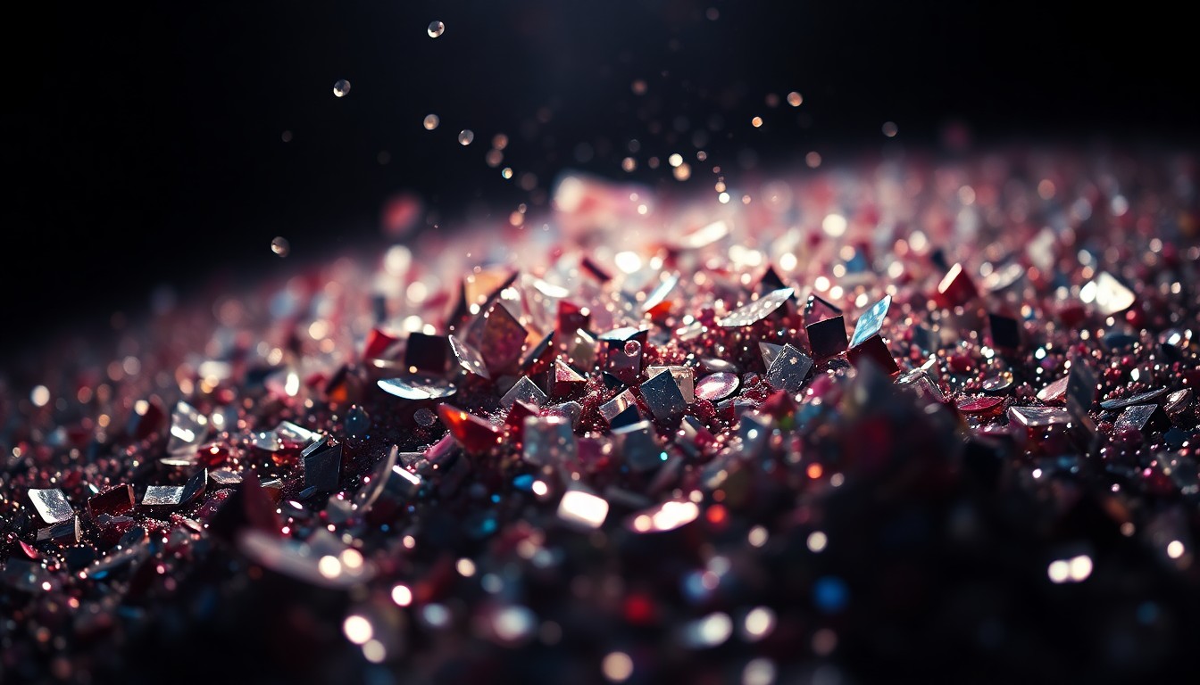 An abstract close-up image of shimmering sequins and shattered glass, conveying the glitz and energy of the band's live show.