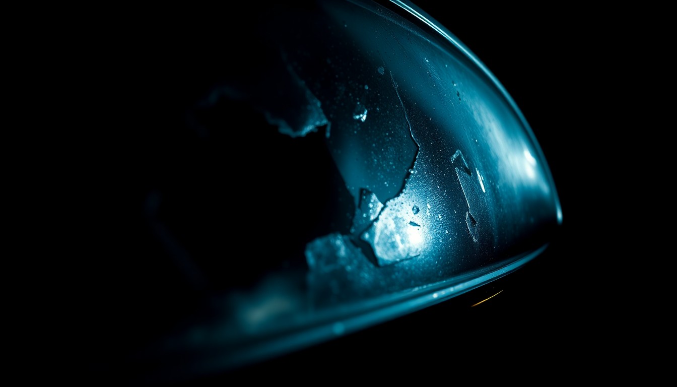 An extreme close-up photograph of a shattered car part, such as a side mirror or broken lens, reflecting a faint light and creating a gritty, investigative aesthetic to conceptually illustrate the dangers of pedestrians on interstate highways.