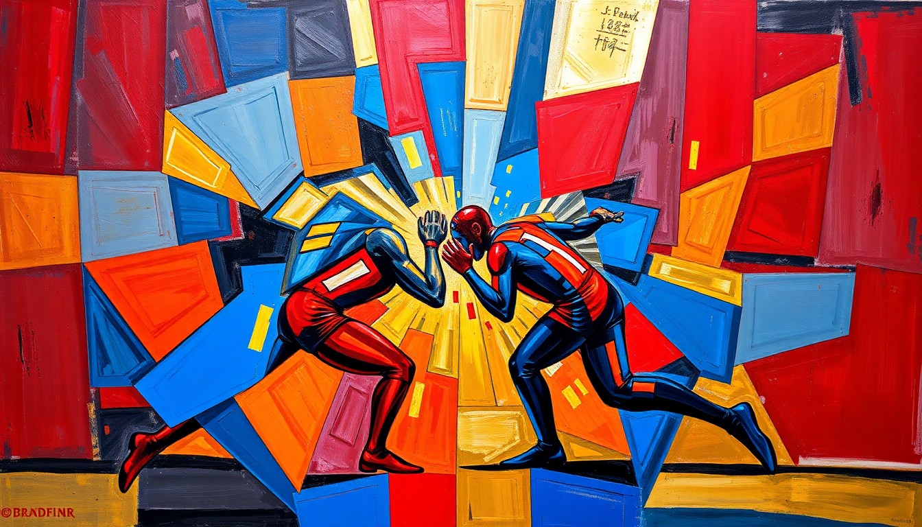 A cubist, geometric painting featuring overlapping planes of bright blue, red, and gold, conveying the dynamic action and competitive spirit of a professional wrestling event.