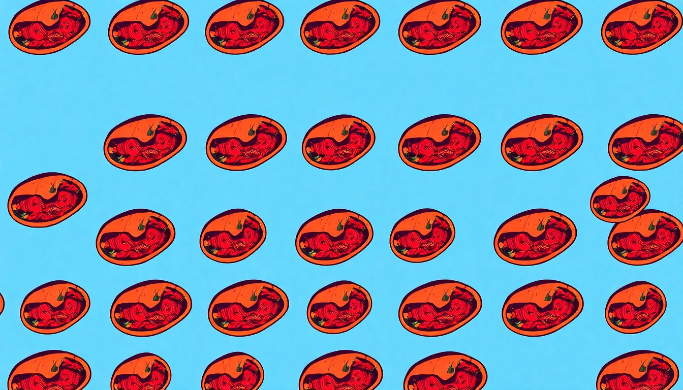 A vibrant, high-contrast silkscreen print featuring a single, iconic shawarma dish repeated in a tight grid pattern, rendered in a bold, neon color palette that captures the energy and excitement of a culinary competition.