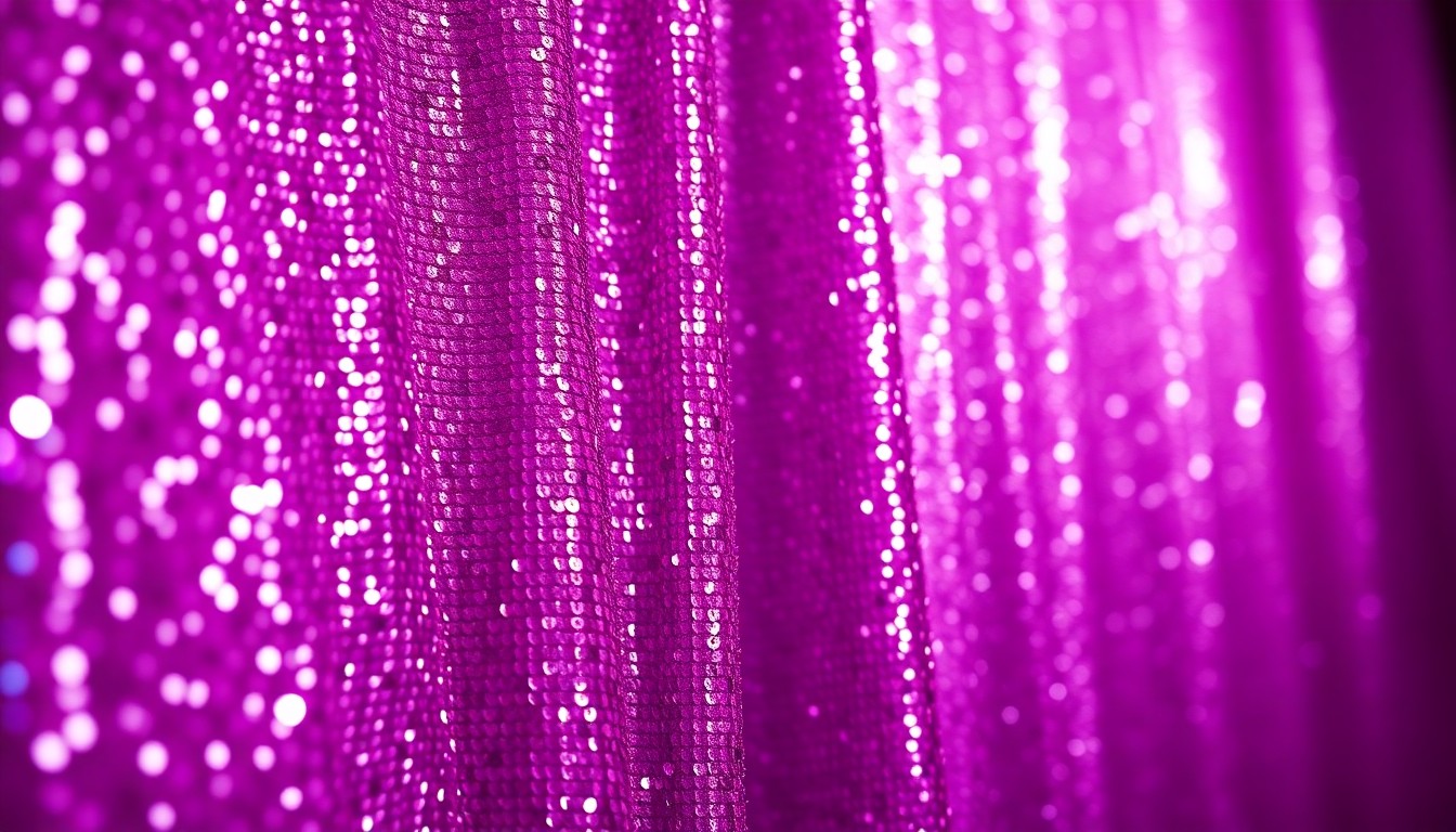 An extreme close-up photograph of shimmering, sequined fabric in vibrant shades of pink and purple, capturing the high-glamour aesthetic of a Las Vegas residency performance.