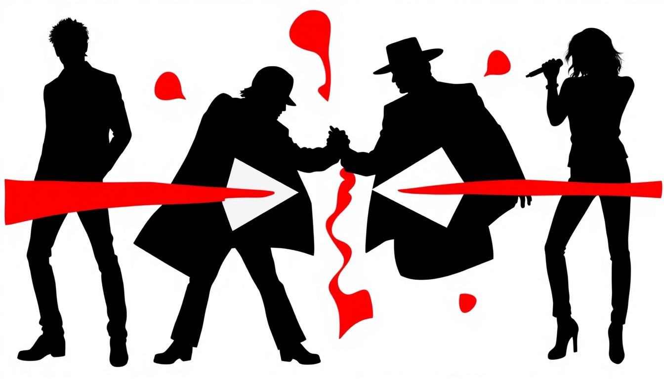 An abstract illustration featuring bold, jagged black silhouettes and high-contrast red and white geometric shapes, conceptually representing the conflict between a famous musician and a lesser-known performer over a disputed trademark.