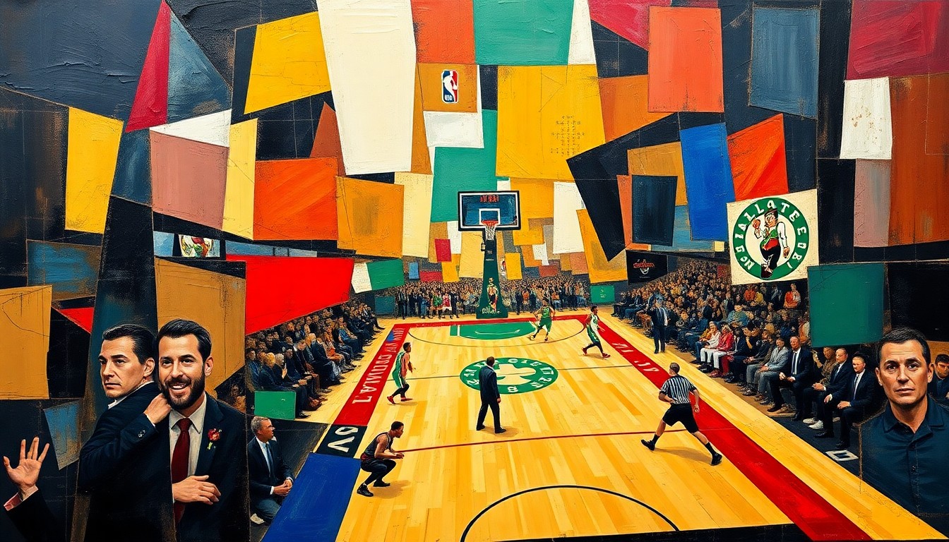 A fragmented, geometric painting depicting the action of a basketball game, with players and the court broken down into sharp, angular shapes and planes of color.