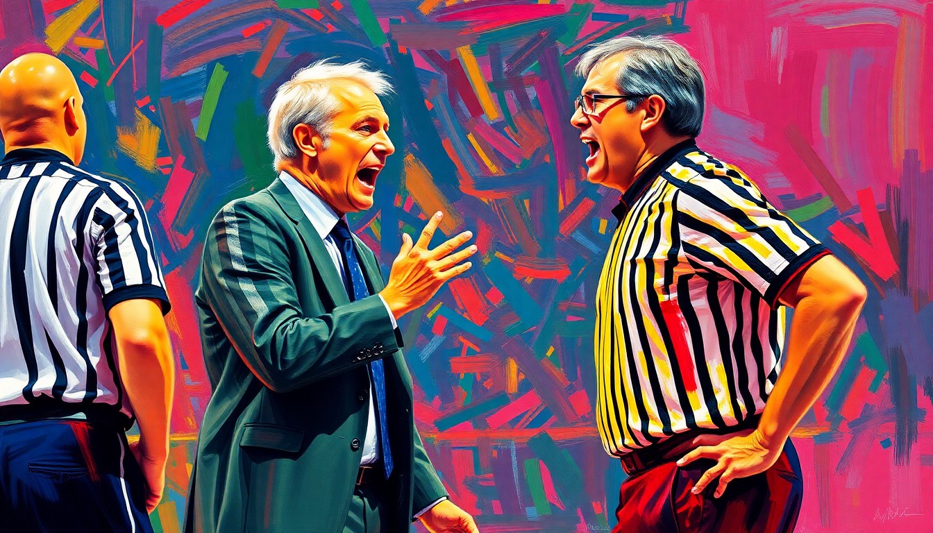 An abstract, expressionist painting in vibrant neon colors, with rapid brushstrokes capturing the intense emotion and energy of a basketball coach arguing passionately with a referee on the sideline.
