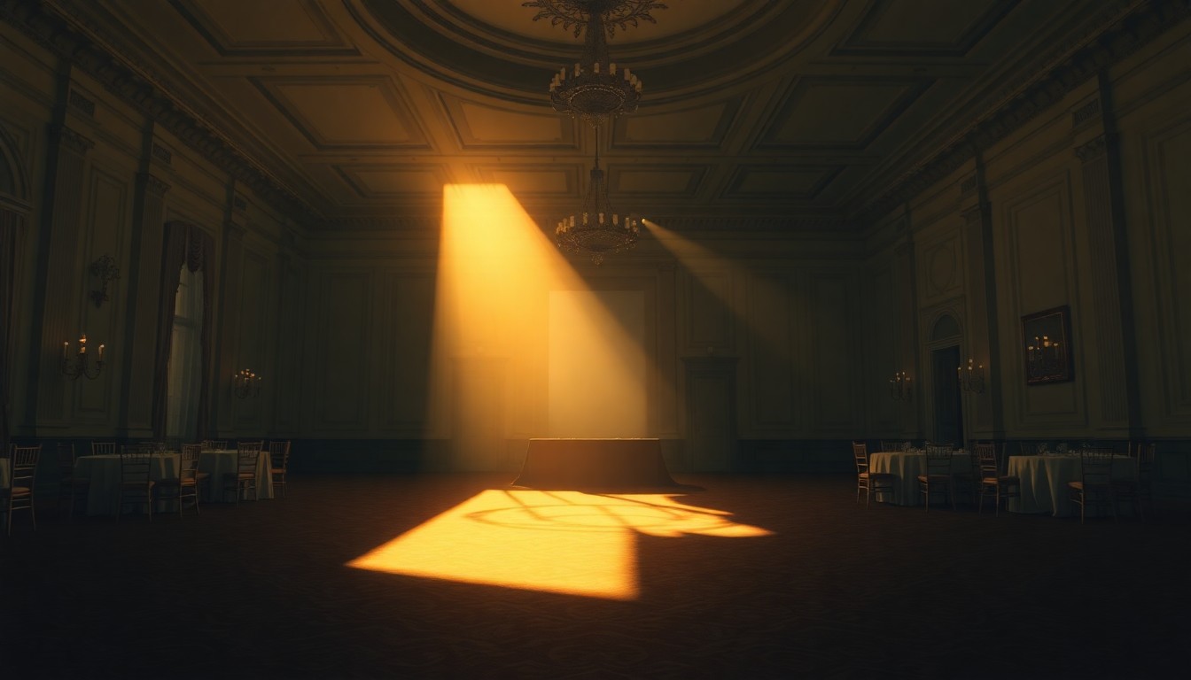 A dimly lit, cinematic painting of an empty, ornate White House ballroom, with warm sunlight streaming in through tall windows and casting deep shadows, conveying a sense of political tension and scrutiny.