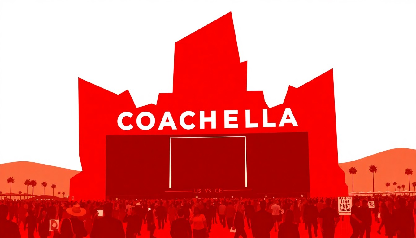 A striking abstract composition of bold, jagged shapes in red and white, conceptually representing the energy and excitement of the Coachella music festival.
