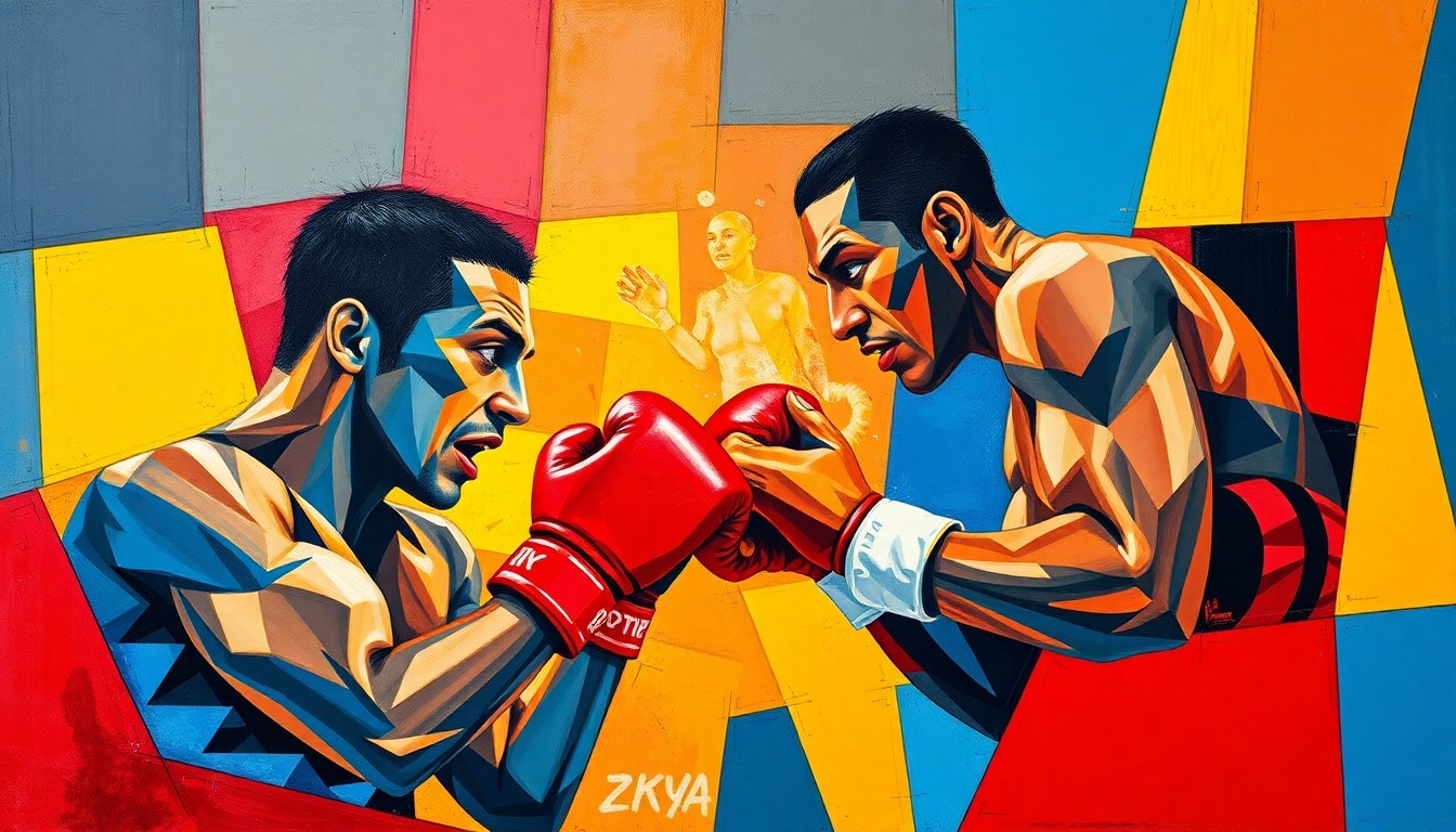A cubist-style painting depicting the intense action and competition of a boxing match, with the figures of the two fighters broken down into fragmented geometric shapes and planes of vivid color.