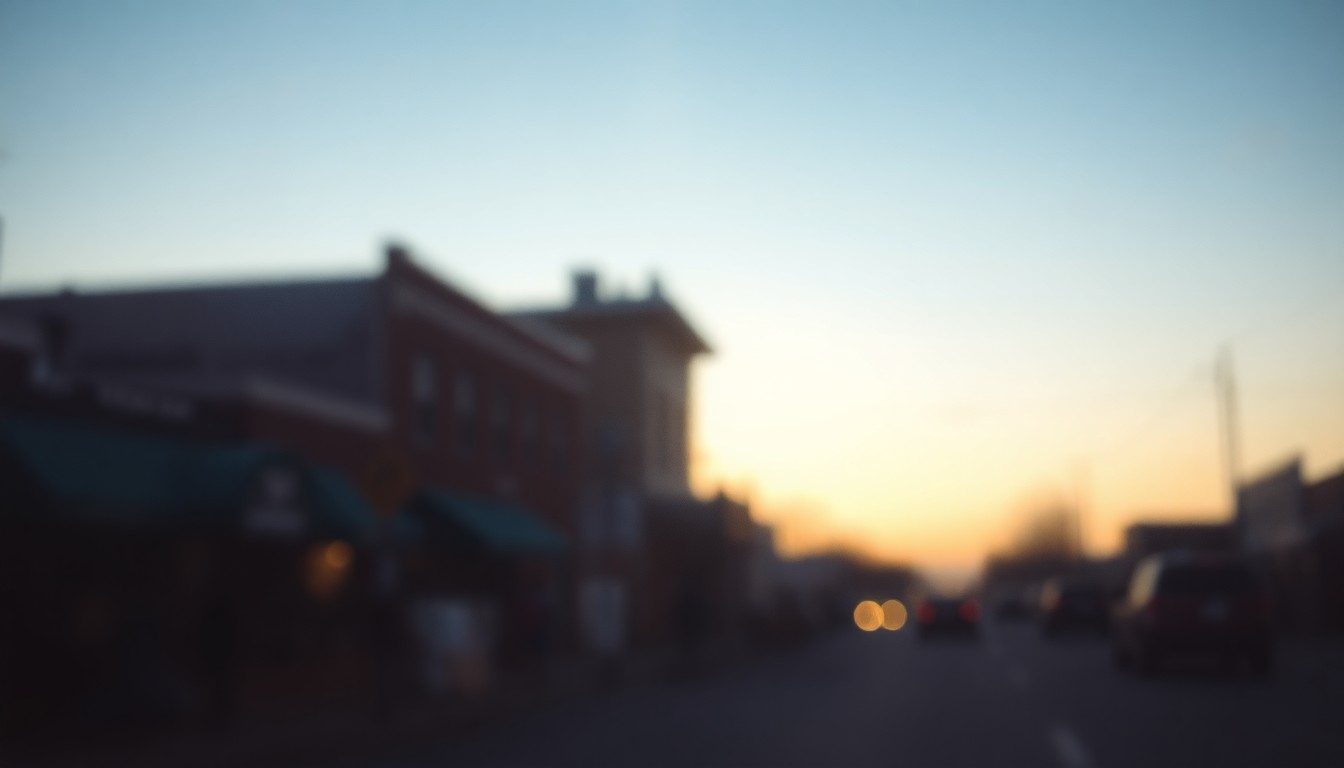 An extremely blurred, impressionistic photograph of a small-town main street at dusk, with silhouettes of buildings and people visible through a hazy, out-of-focus lens, conceptually representing the quiet, intimate community connections in a Kentucky town.