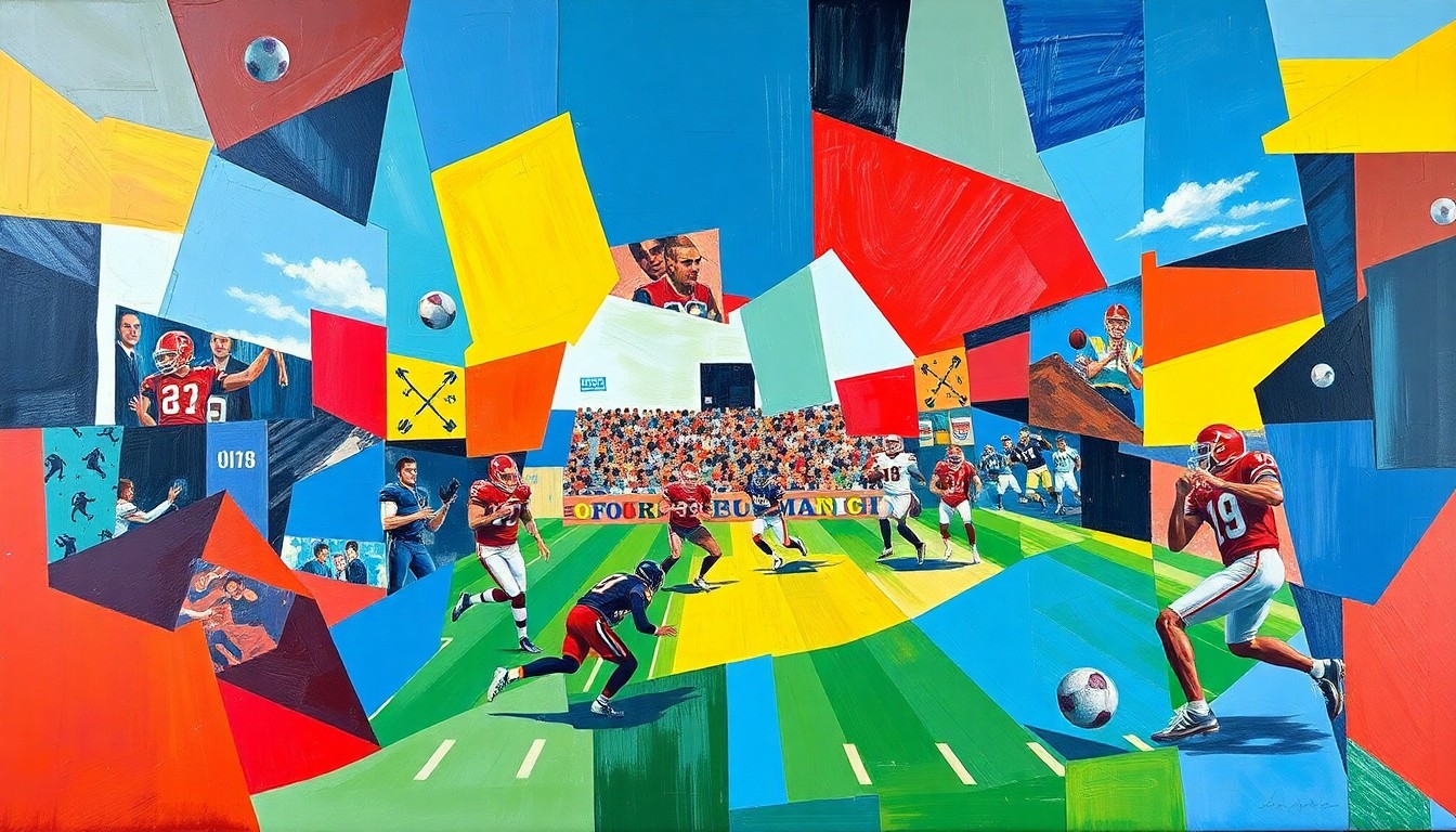 A cubist, geometric painting depicting a fragmented football game, with overlapping planes of color and shape representing the complex dynamics at play in the 49ers' roster decisions.