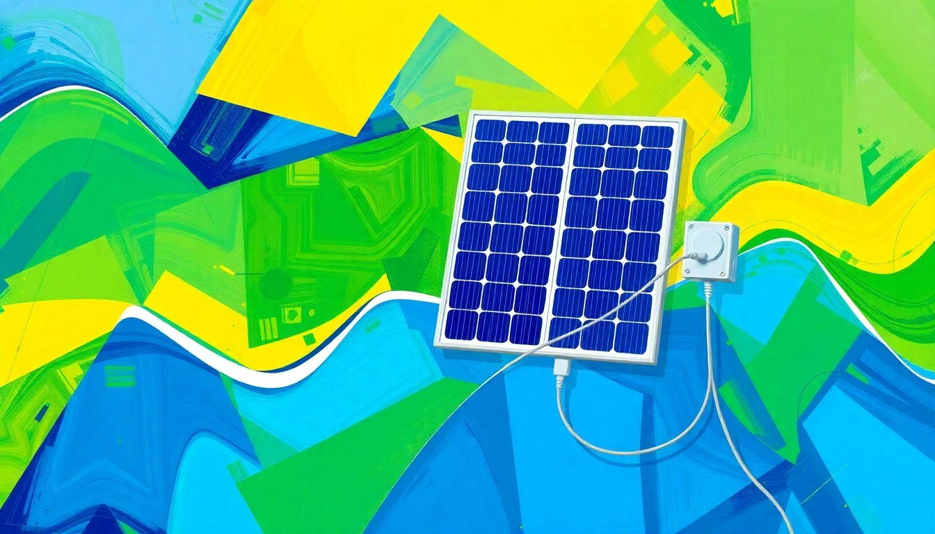 A vibrant, abstract painting depicting a plug-in solar panel system in overlapping, fractured geometric shapes and waves of bright blue, green, and yellow, conveying the dynamic and accessible nature of this new renewable energy technology.