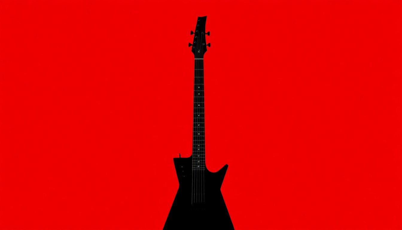 A stark, black silhouette of an abstract guitar shape against a bright red background, conveying the intense, heavy energy of Division Of Mind's music.