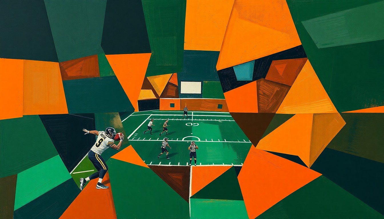 A cubist, geometric painting depicting fragmented, overlapping views of a football field, players, and equipment, rendered in a palette of navy, green, and orange to capture the strategic and competitive nature of the sport.