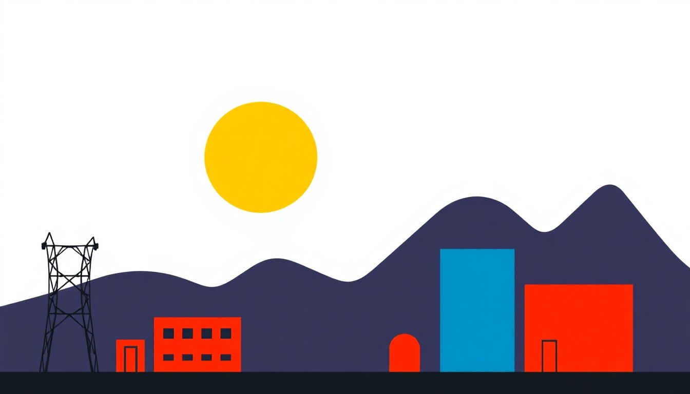 An abstract illustration using bold shapes and primary colors to conceptually represent the impact of rising energy prices on broader economic conditions.