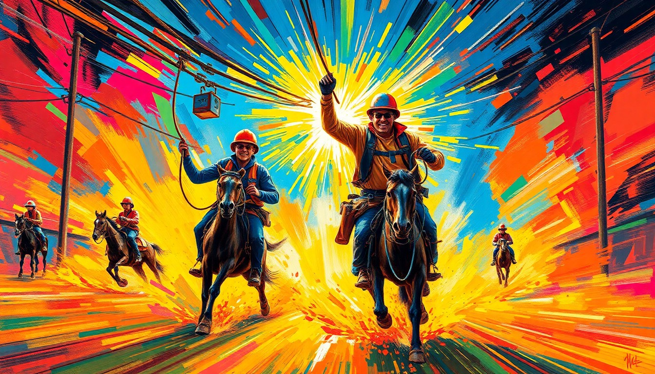 A vibrant, energetic painting featuring lineworkers in action, with neon-colored brushstrokes capturing the raw power and athleticism of their work.