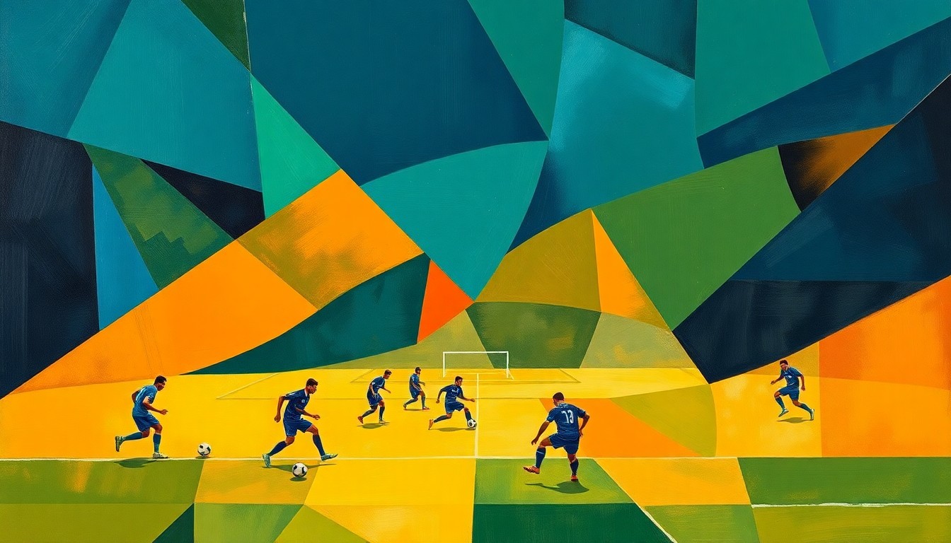 A fractured, geometric painting depicting an abstracted football game, with players and the field broken down into sharp, overlapping shapes in a bold color palette, conveying the strategic complexity of an NFL team's offseason decision-making.