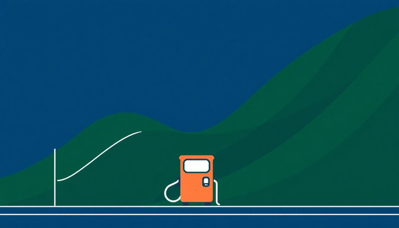 An abstract illustration composed of overlapping triangles and rectangles in shades of blue, green, and grey, conceptually representing the rising costs of gasoline and diesel fuel in the Pacific Northwest.