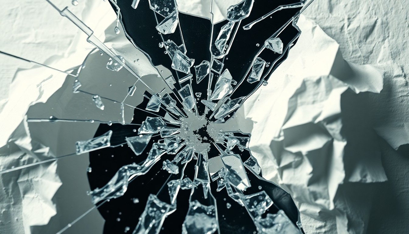 An abstract close-up photograph of shattered glass and crumpled paper, conveying the emotional turmoil and fractured dynamics within the Newman family.
