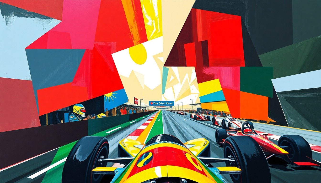 A vibrant, fragmented painting depicting an IndyCar race scene broken down into sharp, overlapping geometric shapes and planes of bold primary colors.