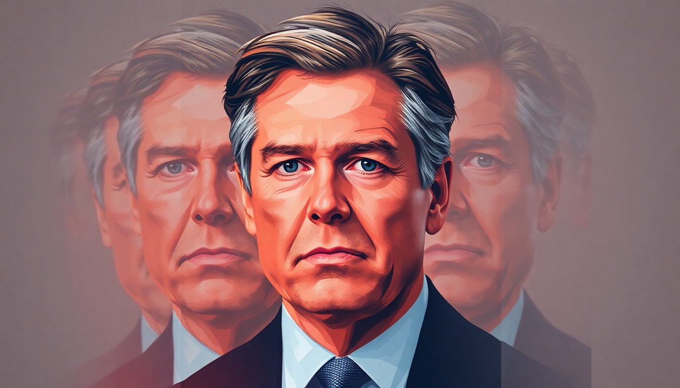 A fractured, abstract painting depicting Tucker Carlson's face in overlapping geometric shapes and muted colors, conveying a sense of political tension and fragmentation.