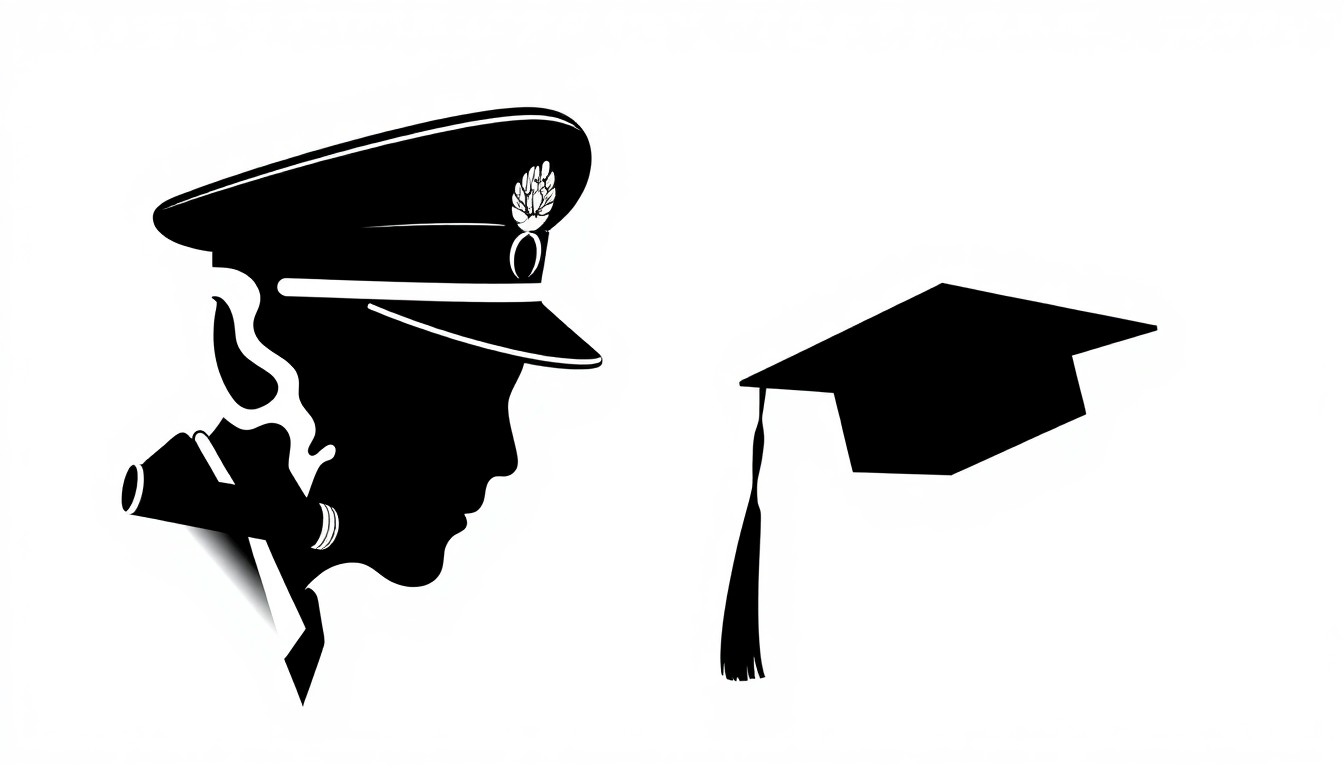 An abstract black and white illustration featuring the silhouettes of a naval officer's cap and a high school principal's mortarboard hat, representing the iconic roles played by actor James Tolkan.