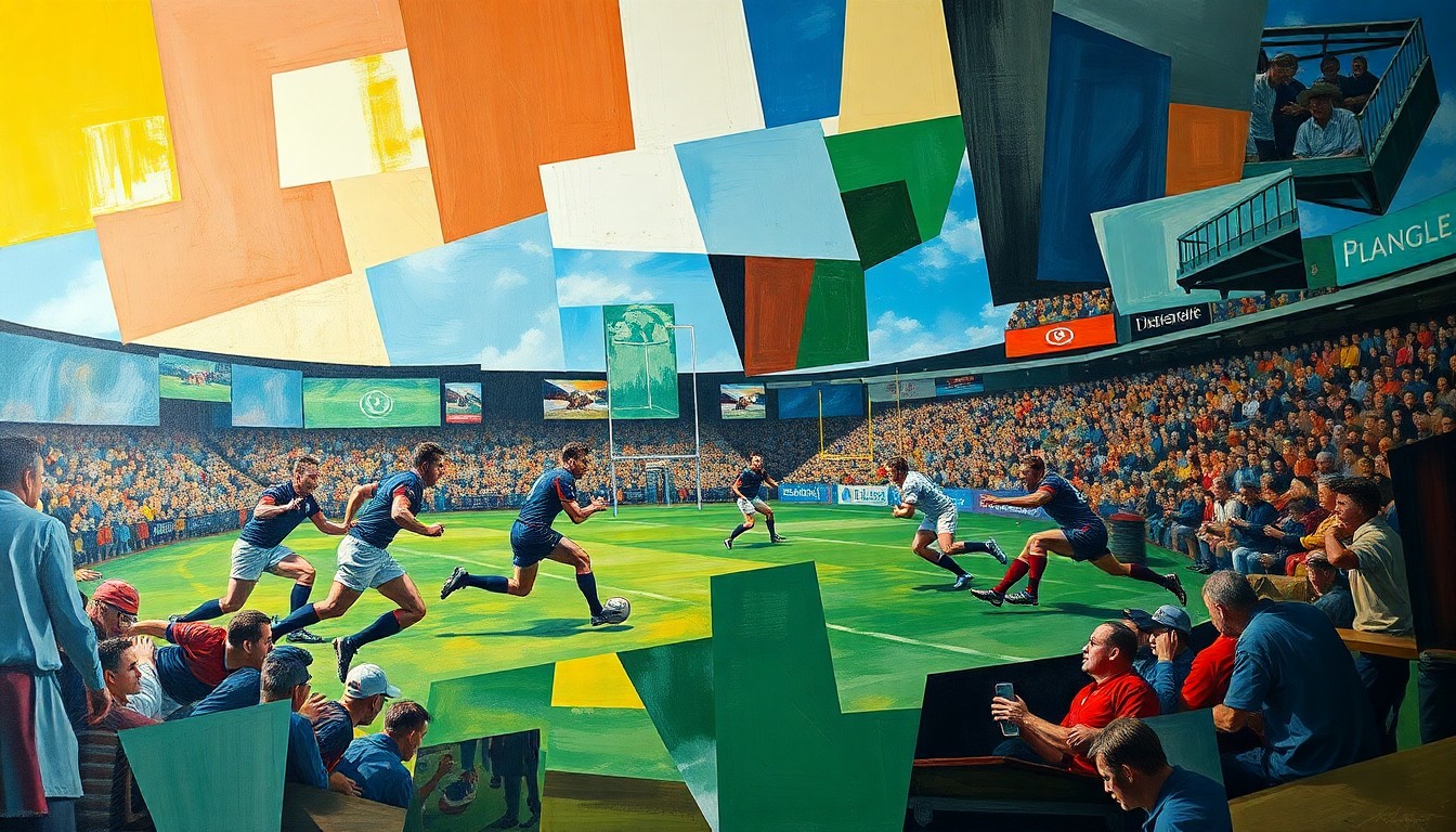 A fragmented, geometric painting depicting the dynamic movements and clashing forces of a rugby match, with players and the ball rendered as abstract shapes and planes of color.