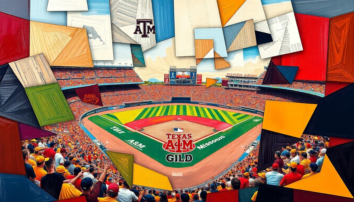A fragmented, geometric painting in bold colors depicting a baseball game in motion, with players and the field deconstructed into sharp, overlapping shapes.