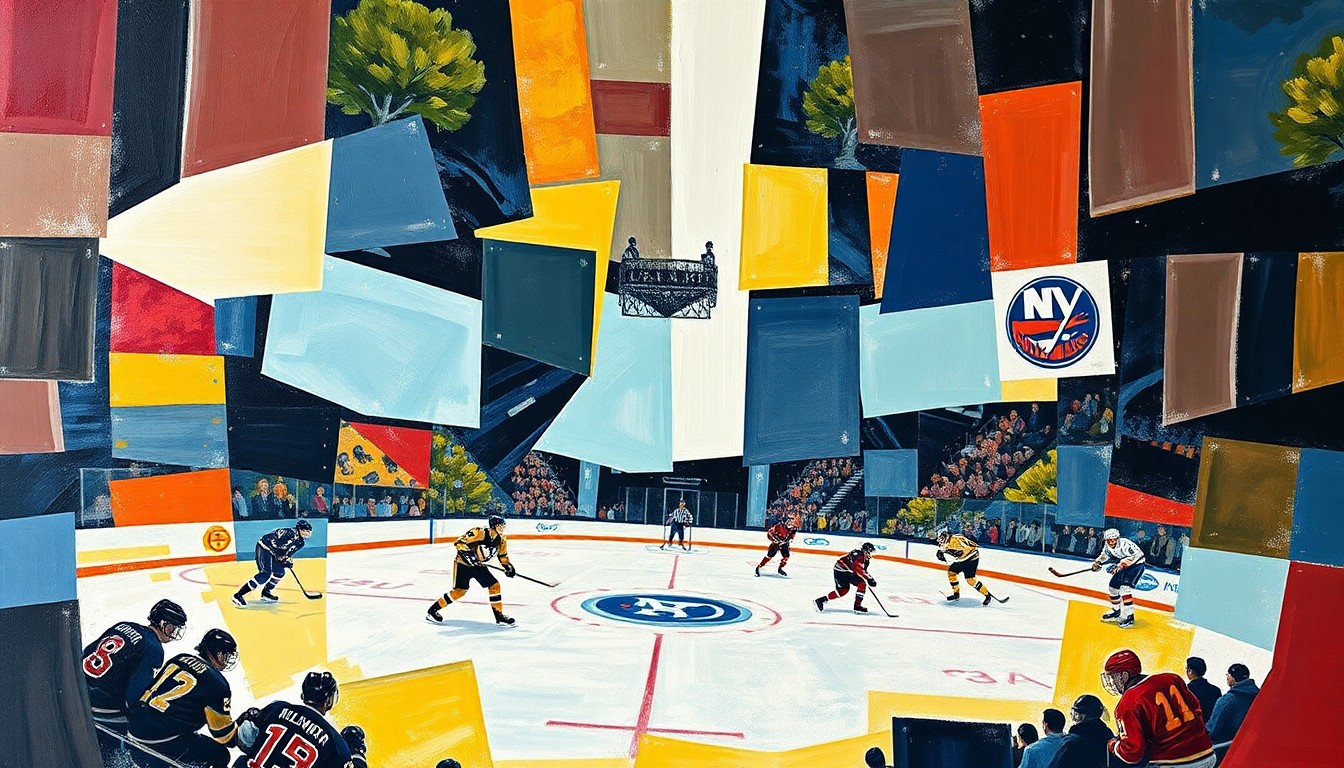 A cubist, geometric painting depicting a hockey game, with sharp, overlapping planes of color and shape representing the action on the ice, without any identifiable players or teams.