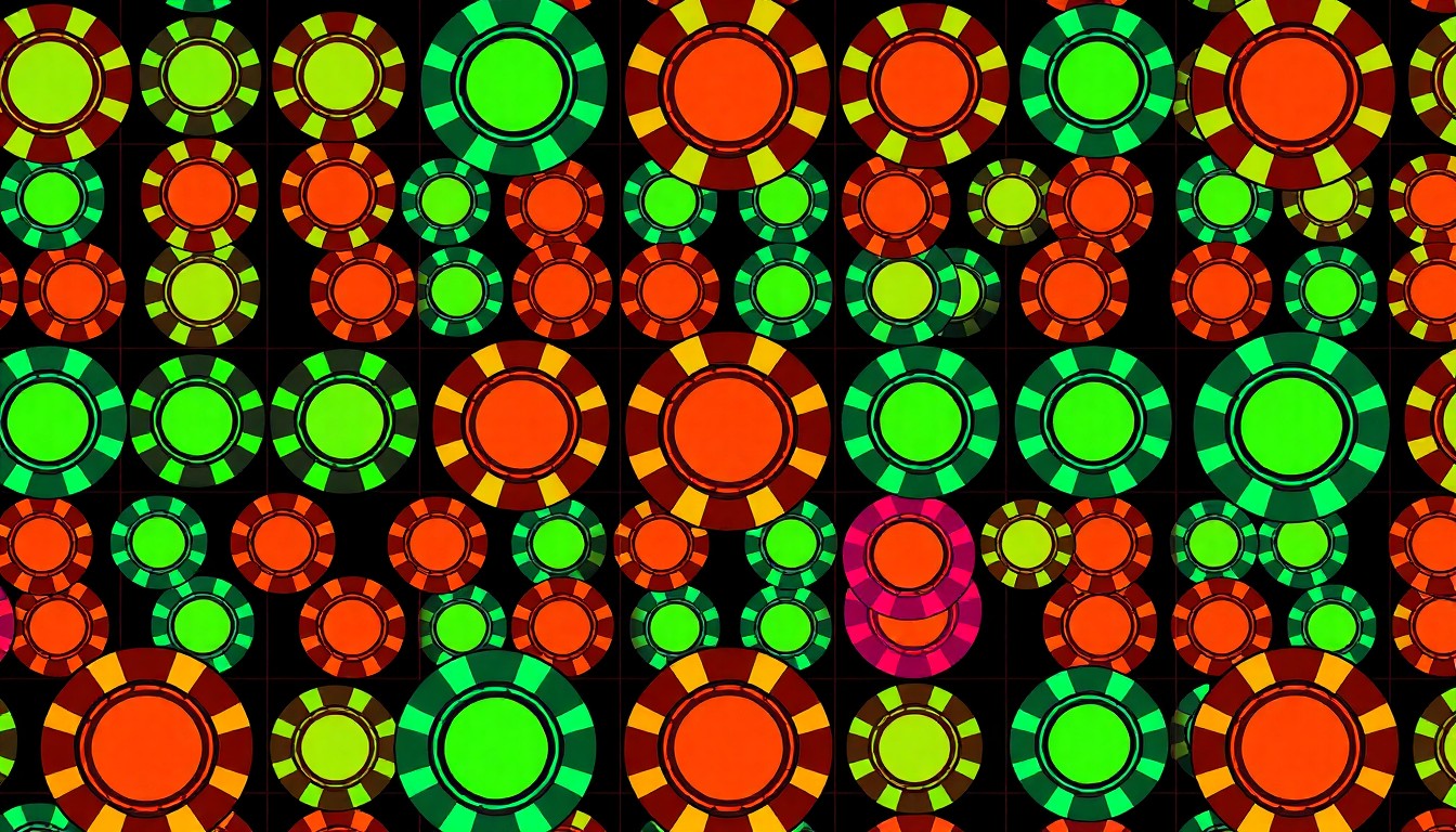 A vibrant, high-contrast silkscreen print featuring a repeated pattern of a single casino chip icon in neon pink, yellow, and blue hues, conceptually representing the diverse bonus options available to sweepstakes casino players.